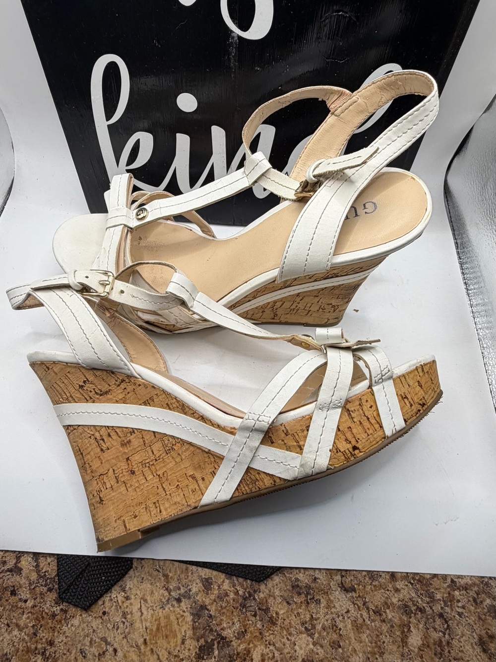 Guess White Faux Leather Cork Wedge Platform Sandals with Bow Details